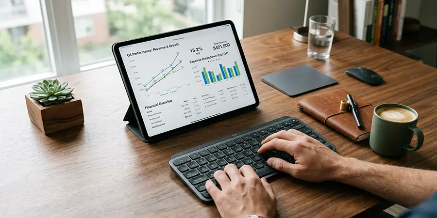 Hands analyzing financial data on a tablet at a modern desk