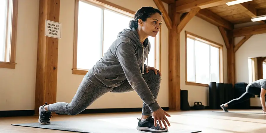 Individual performing a dynamic stretching routine safely before a workout