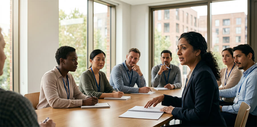 Diverse group of eight professionals gathered around a large wooden table in a windowed office conducting a safeguarding training session.