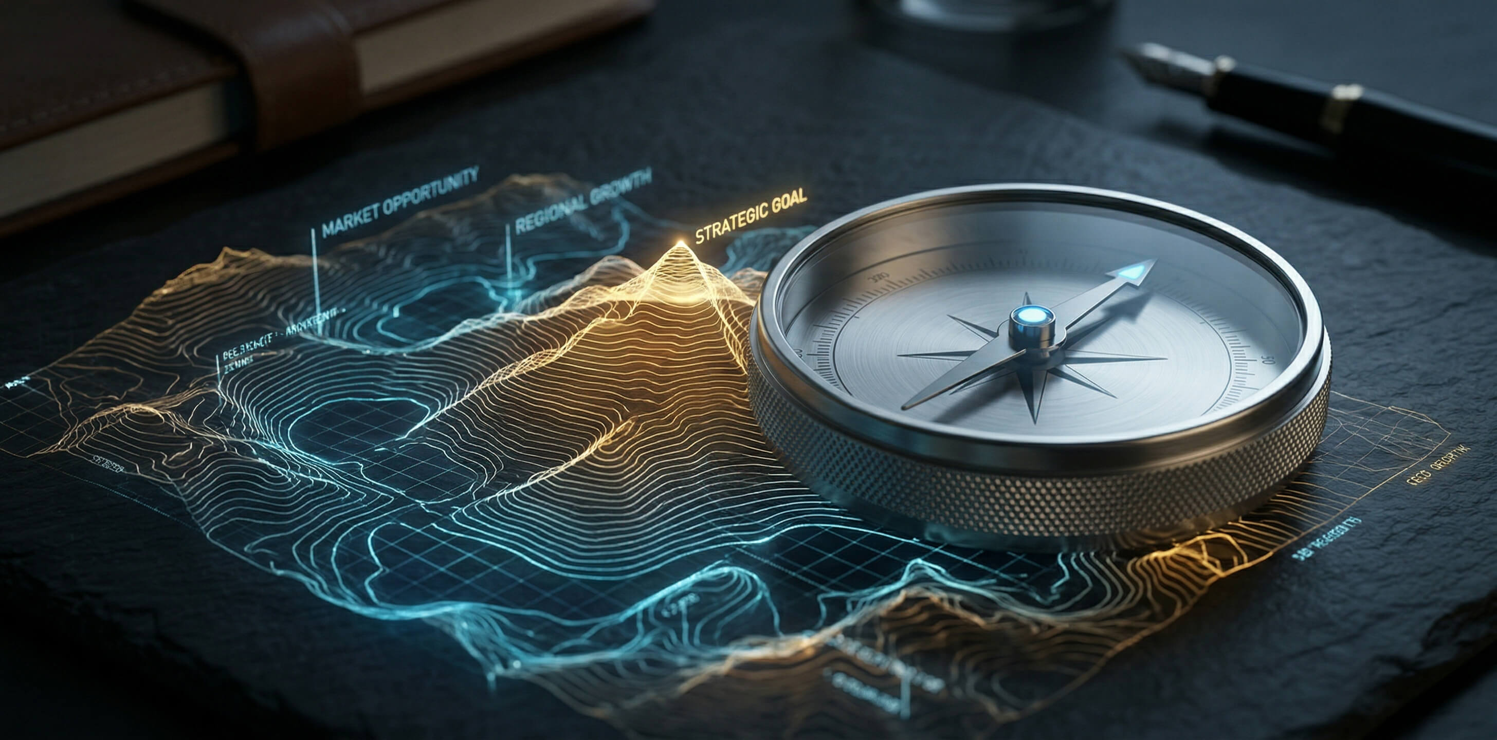 A metallic compass resting on a dark, slate-textured desk, its needle pointing toward a glowing yellow-orange peak on a futuristic, blue and gold wireframe topographic map projection that is labeled 'STRATEGIC GOAL'. Other glowing labels like 'MARKET OPPORTUNITY' and 'REGIONAL GROWTH' are visible on the holographic map data.