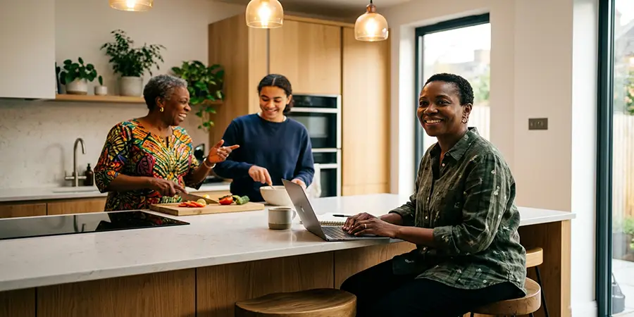 Middle-aged adult working at laptop while older parent and teenager chat in the background