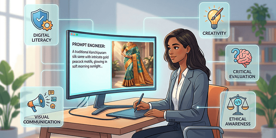 AI image of a digital artist creating an AI prompt for a traditional saree, surrounded by icons for digital literacy and creativity.