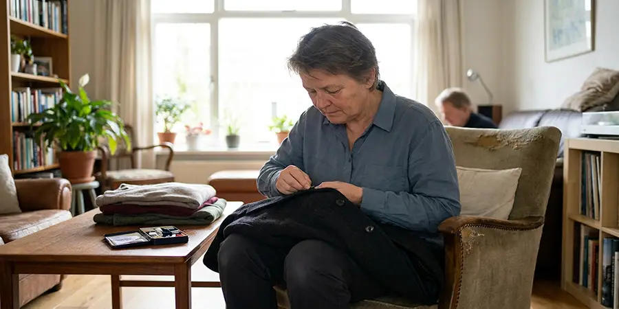 A person carefully mending a garment by a window to save money and extend the life of their clothes