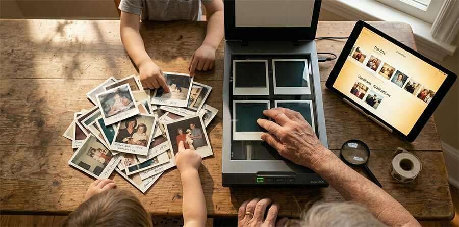 An older person and young children digitize physical Polaroid photos by placing them in a flatbed scanner on a wooden table. An iPad displaying a digital photo album is propped up nearby, along with a magnifying glass.