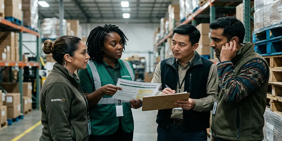 Warehouse team reviewing a seasonal security and risk management plan on a clipboard