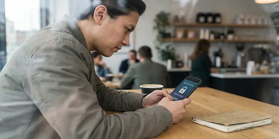 Individual managing finances securely on a smartphone app in a cafe
