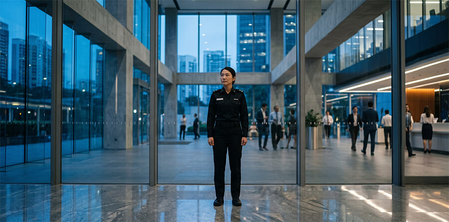 A centered female security officer stands confidently with calm posture in a modern Singapore corporate lobby at dusk, showing command presence.