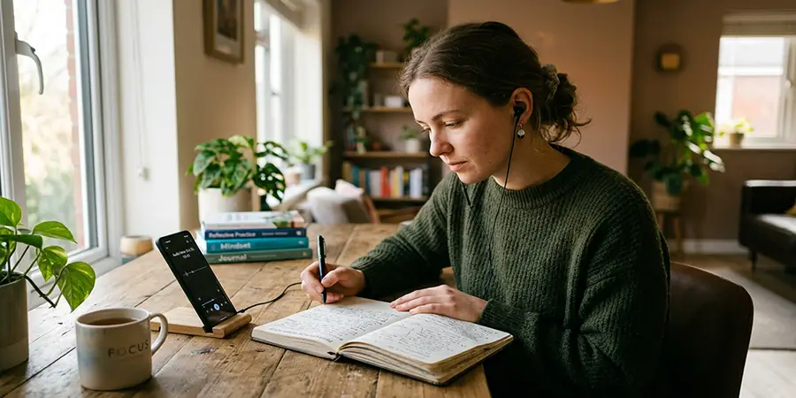 A person independently reviewing their progress using a notebook and a recording device