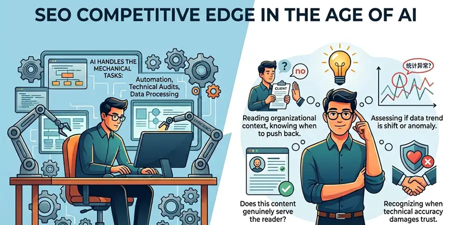 Infographic illustrating the SEO competitive edge in the age of AI by contrasting automated mechanical tasks with human judgment.