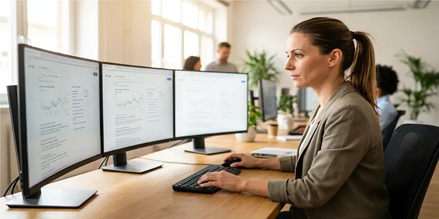 Digital marketing professional analyzing SEO data on multiple monitors