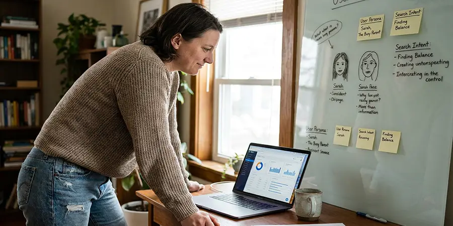 A digital strategist analyzing a user persona on a glass whiteboard to understand search intent