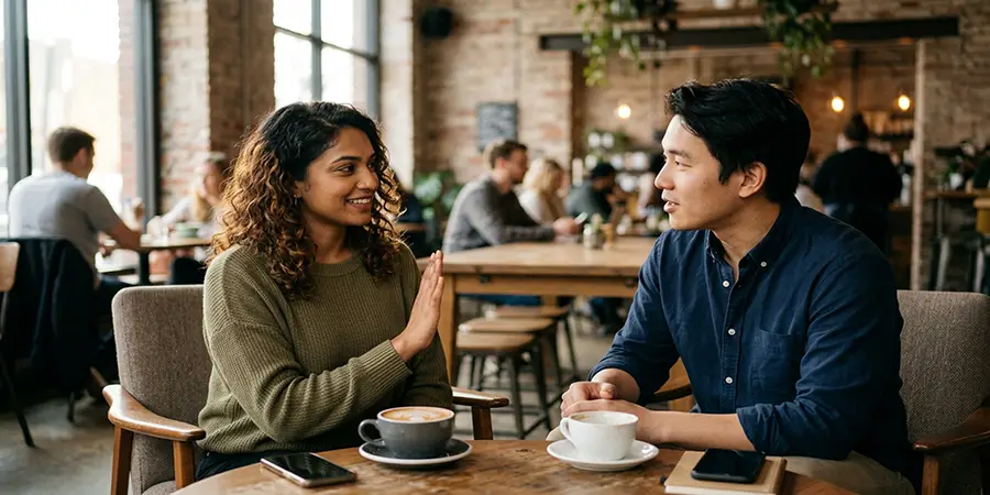 Person politely setting a boundary during a calm conversation in a café