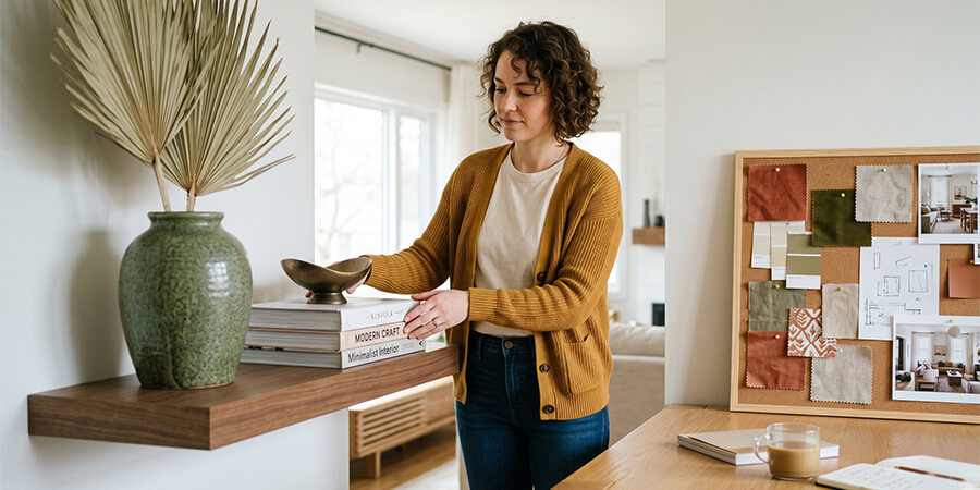 A woman in a yellow cardigan arranging decor on a floating wooden shelf.