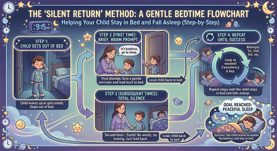 A step-by-step flowchart for the 'Silent Return' method. Step 1: Child gets out of bed. Step 2 (First time): Brief, warm prompt ('It's bedtime, go to sleep') and lead them back. Step 3 (Subsequent times): Lead back to bed in total silence with no eye contact. Step 4: Repeat until the child stays in bed.
