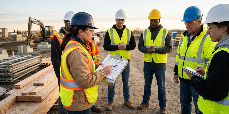 Morning toolbox talk and safety briefing led by a female foreman with a construction crew in high-visibility gear on an active job site, with heavy equipment and sunrise in the background.