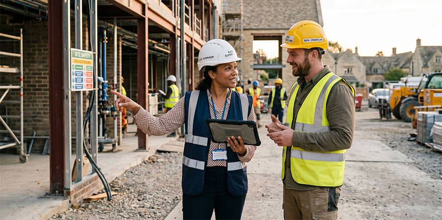 A woman construction auditor, in a white hard hat, points to a tablet screen and a physical safety checklist sign. She is in active conversation with a smiling male construction safety advisor, in a yellow hard hat. They are on a construction site with steel frame structures under development and an older stone building in the background.
