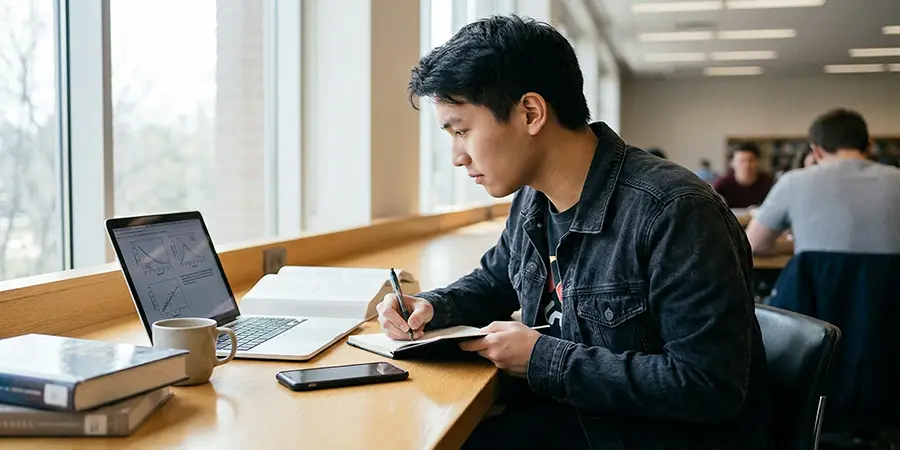 A focused student in a teal shirt studying efficiently with a laptop and notebook