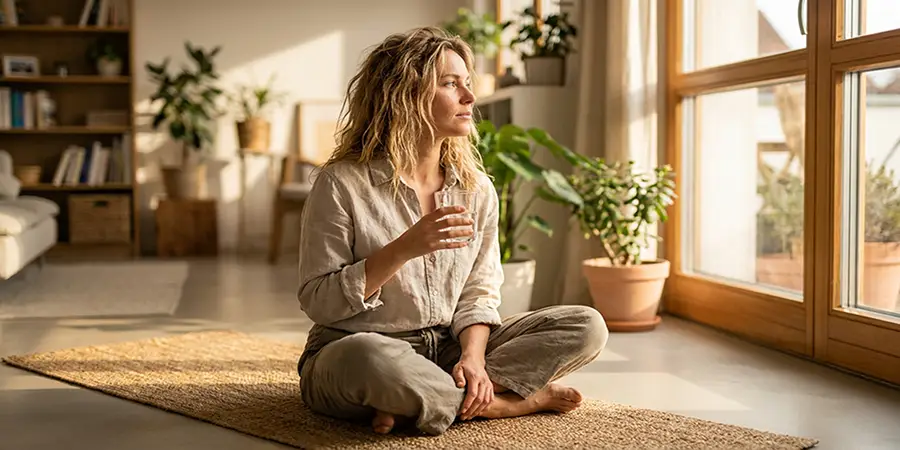 A relaxed adult sitting thoughtfully in the morning sunlight prioritizing their health
