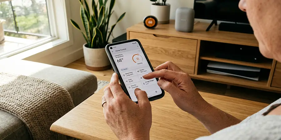 Hands adjusting a smart home dashboard on a smartphone in a modern living room