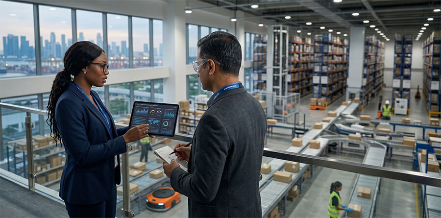 Professionals on a modern logistics center mezzanine analyze data dashboards on a tablet. Below them, automated conveyors and robotics manage packages.