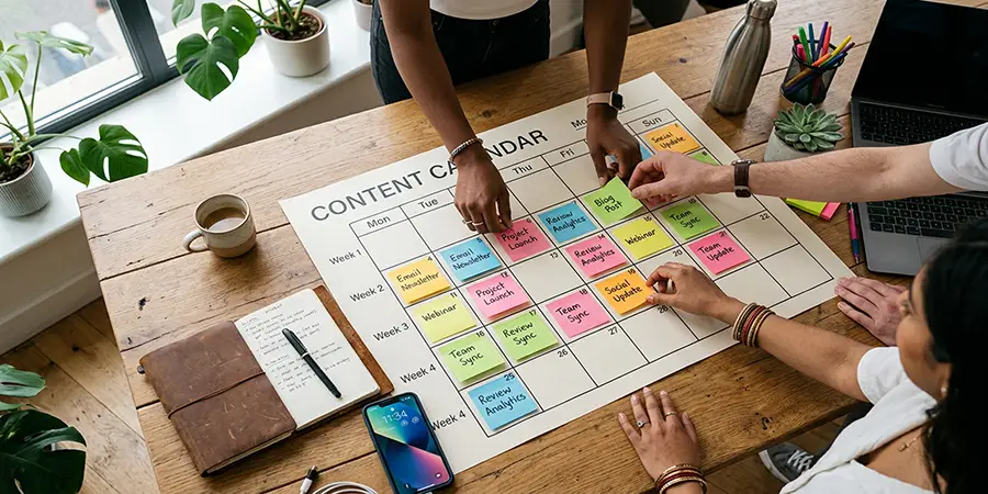 Diverse hands planning a social media content calendar on a table