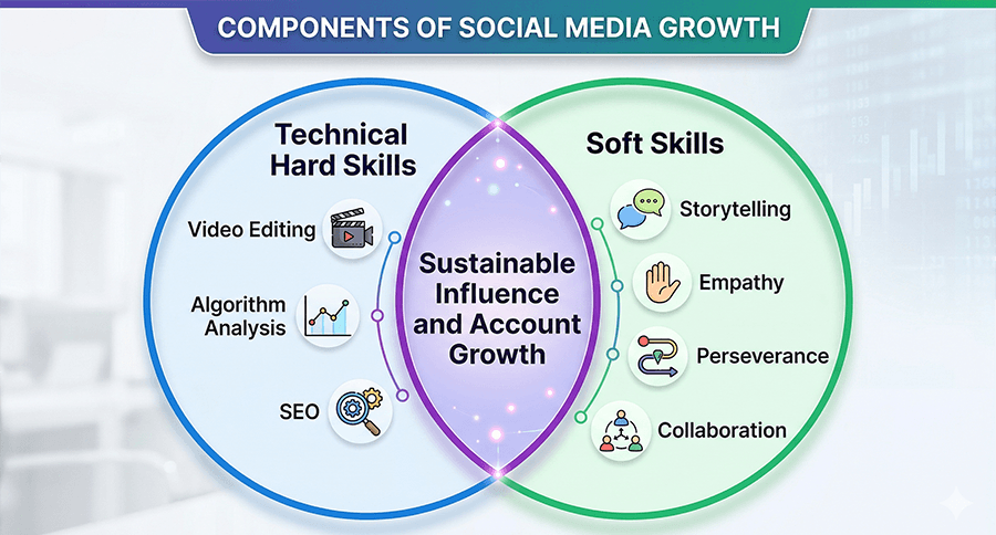 A Venn diagram illustrating the components of social media growth. One circle represents 'Technical Hard Skills'; the second circle represents 'Soft Skills'. The overlapping area is labeled 'Sustainable Influence and Account Growth'.