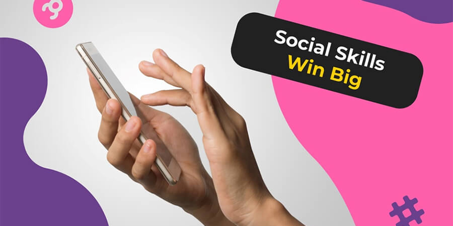A close-up of hands using a smartphone, set against a vibrant pink and purple graphic background with text that reads 'Social Skills Win Big'