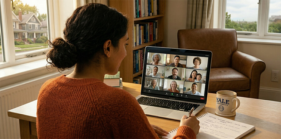 An over-the-shoulder view of a student sitting at a home office desk, taking notes in a notebook while actively participating in a virtual video meeting with a diverse group on her laptop.