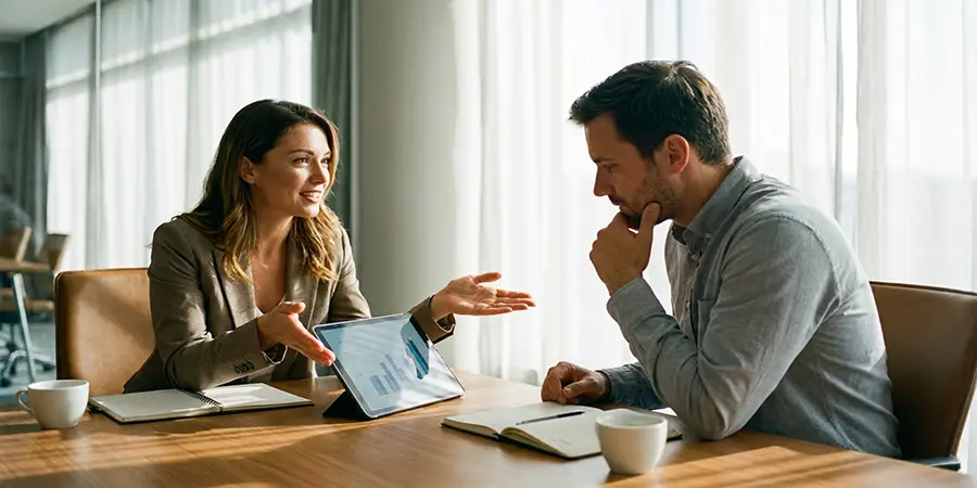 Professional calmly explaining a proposal using open hand gestures