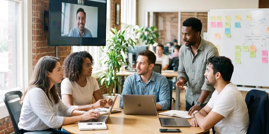 A diverse group of colleagues collaborating in a modern office meeting, with one team member joining via video call