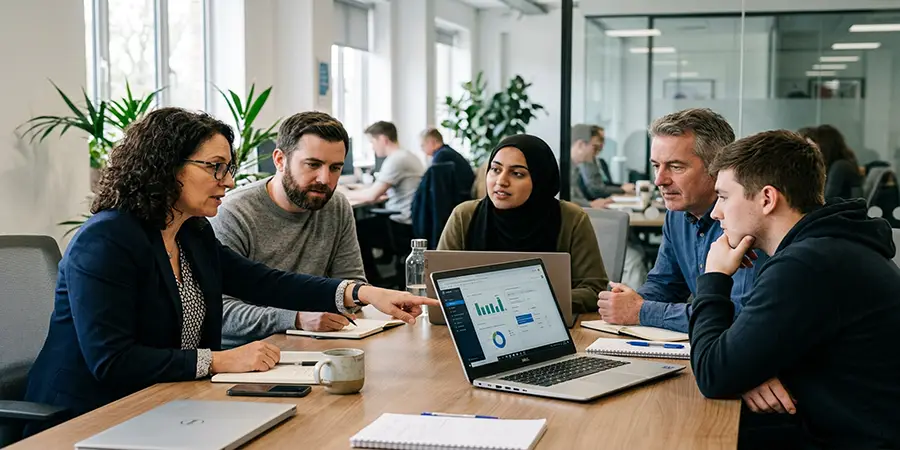 A professional team collaboratively evaluating options during a decision-making process
