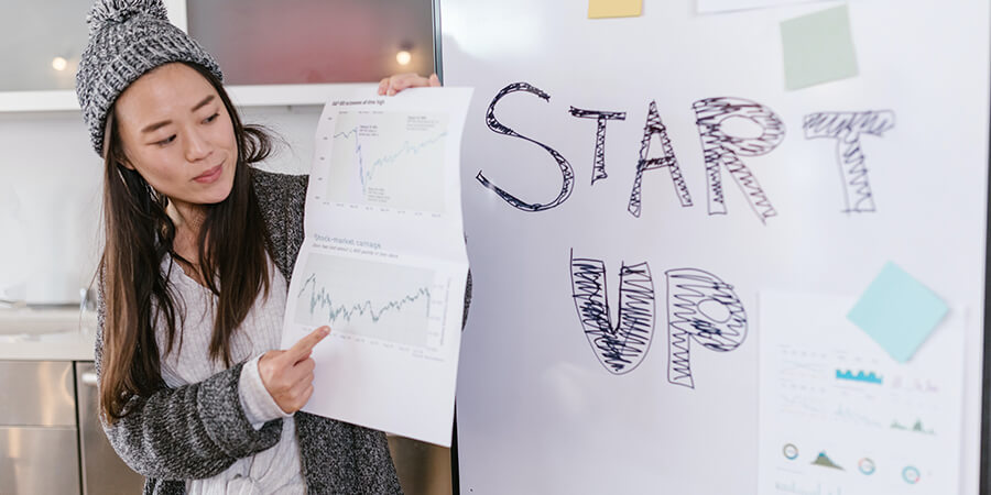'Start Up' written in large letters on a white board.  Woman pointing at a chart on a sheet of paper.