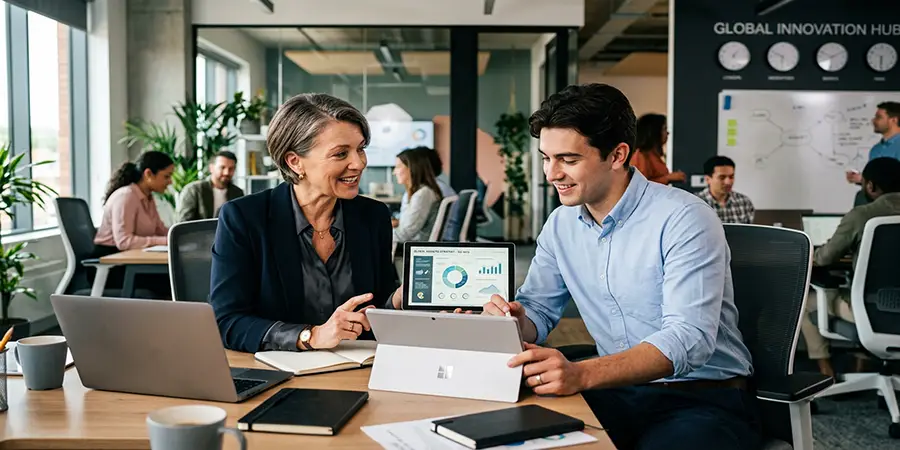 Mature professional collaborating with a younger colleague in a modern office