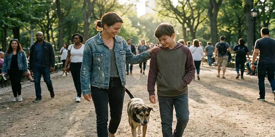 A step-parent and child sharing a relaxed moment walking together in a park