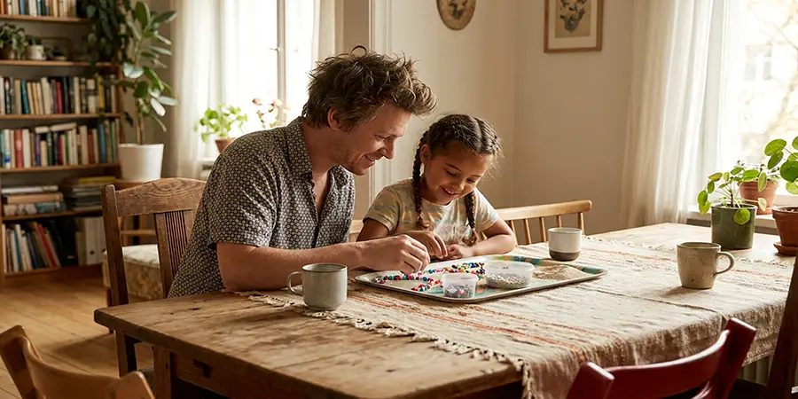 A step-parent helping a child with a sensory learning activity