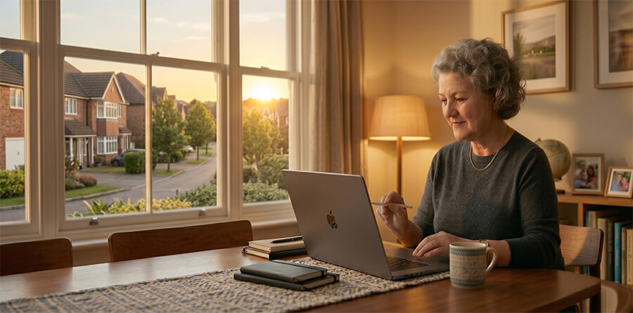 Thoughtful older woman with curly grey hair in a grey sweater a laptop to manage her money.