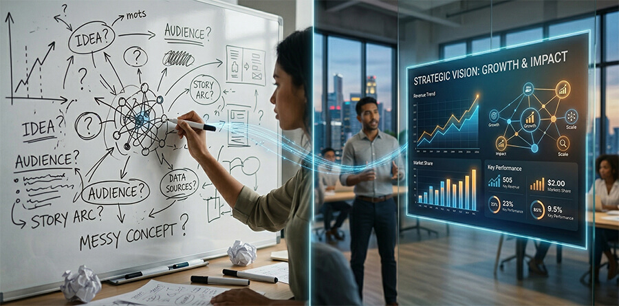 A split-screen illustration of chaotic whiteboard concept mapping transitioning into a glowing, polished digital strategic dashboard in an office.