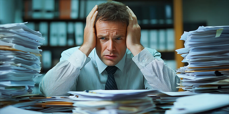 Stressed man surrounded by piles of paperwork.