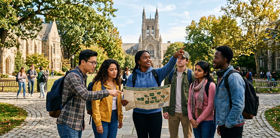 A diverse group of students stands on a leafy university campus quad, holding a map and pointing.