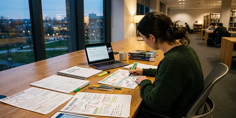 Student organizing revision notes on a wooden desk