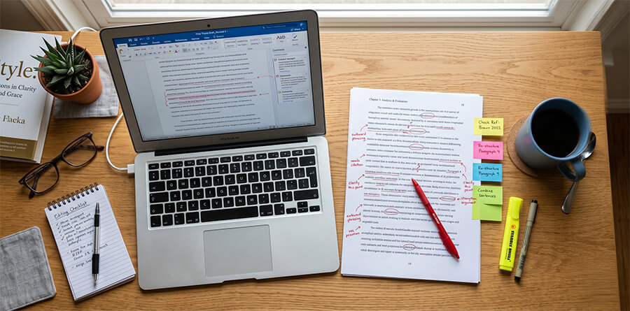 A top-down desk flat lay illustrating deep academic editing, with annotated thesis drafts, a laptop showing revisions, and a coffee mug under natural light.