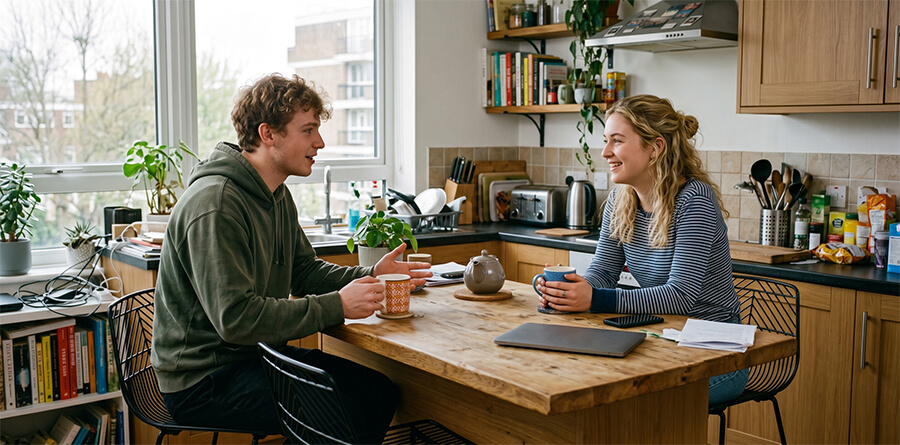 Two students young sit facing each other at a wooden kitchen island, engaged in a friendly conversation.