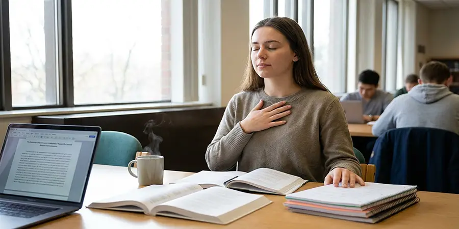 Student pausing to practice healthy stress management while studying at a desk