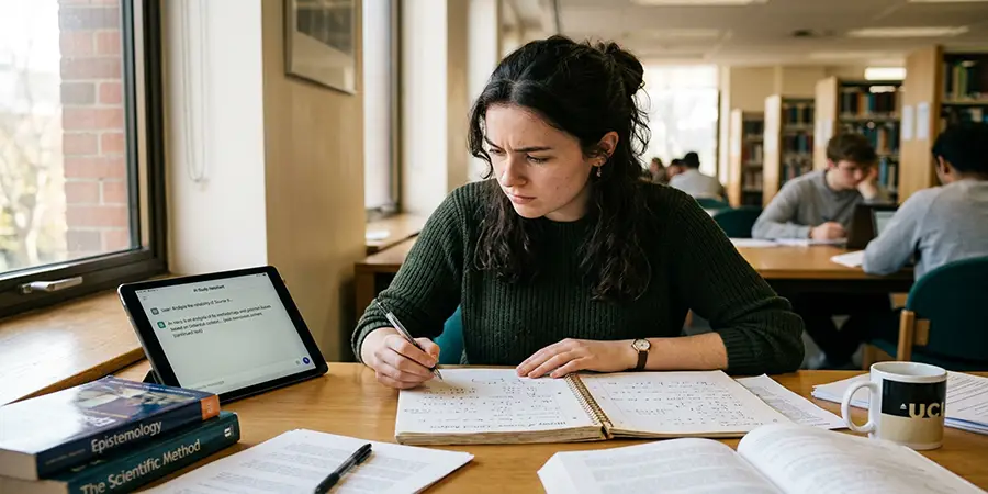 Student thoughtfully reviewing handwritten notes alongside an AI chat interface to demonstrate critical thinking