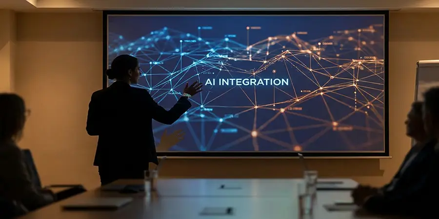 Professional presenting with a vibrant AI-generated infographic slide in a modern boardroom