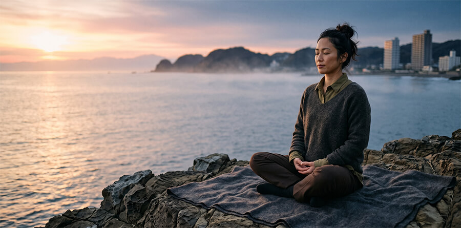 Japanese woman meditating at sunrise by the ocean.