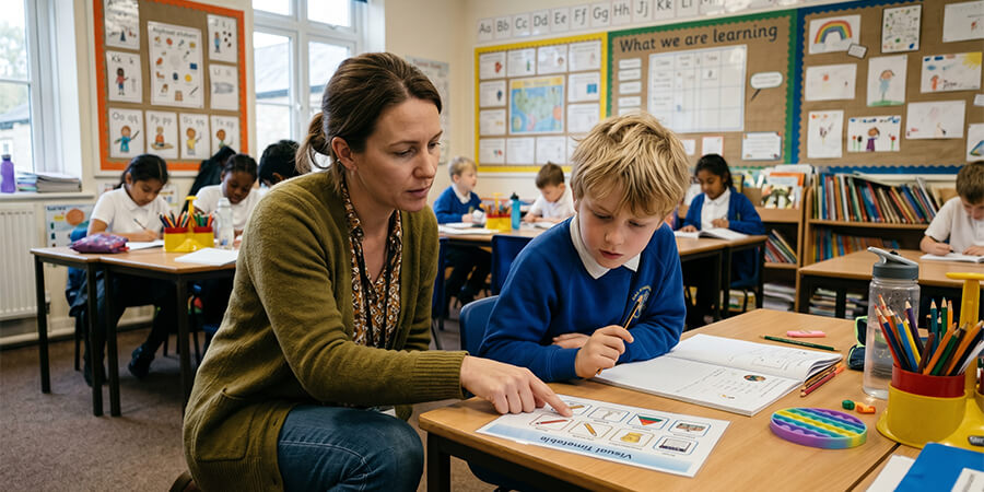 A classroom with a female teacher kneeling to support a seated boy, pointing to a laminated visual timetable on his desk. Learning tools and a sensory toy are on the desk.