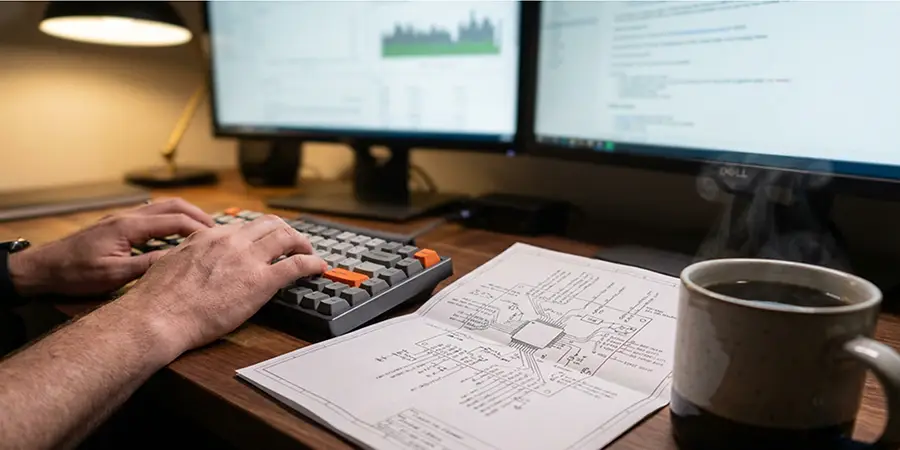 Close up of hands typing on a keyboard next to a hardware schematic diagram