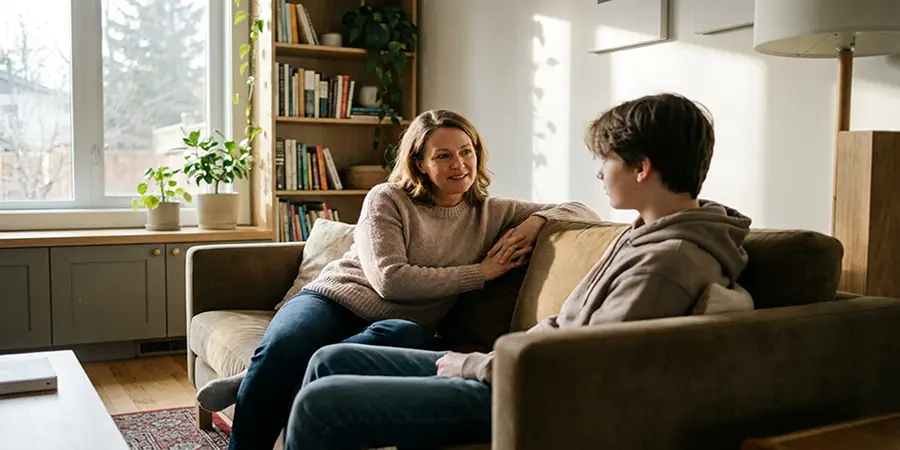 A caring parent actively listening to a teenager during a supportive conversation on a sofa.