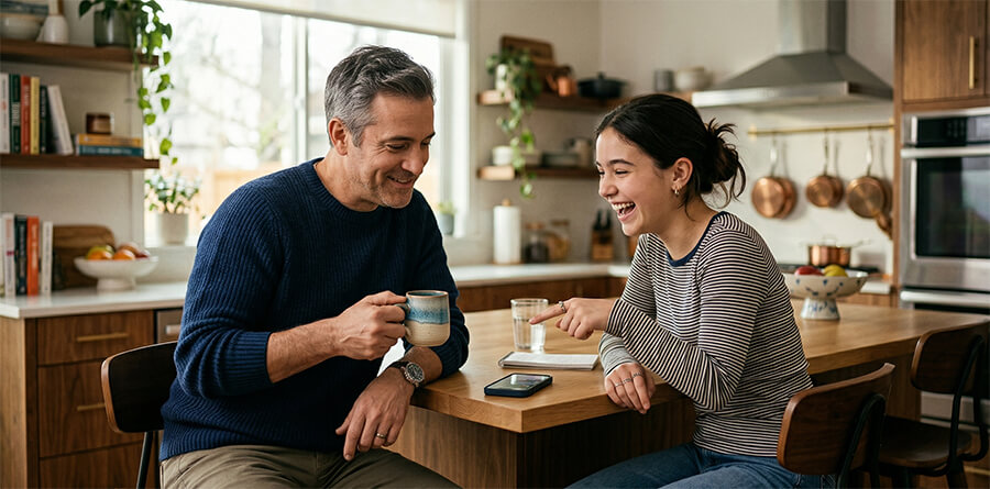 A smiling father and a laughing daughter sitting at a kitchen island, looking at a meme on a smartphone that the daughter is pointing to.
